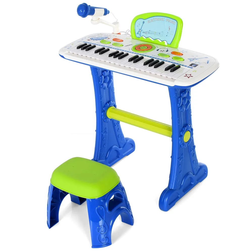 Детский музыкальный инструмент синтезатор на ножках со стульчиком и микрофоном 8808-9 синий с салатовым