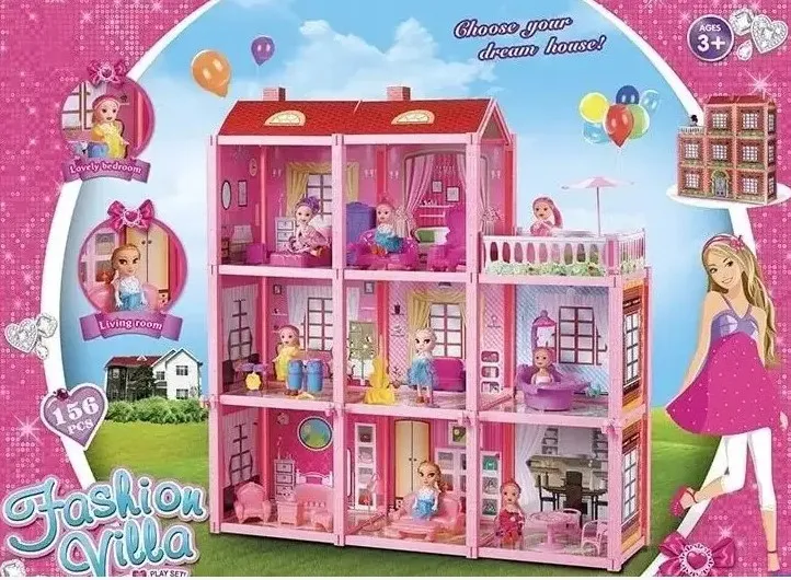 Детский Игровой Домик для кукол 3 этажа 953 игрушечная мебель в комплекте